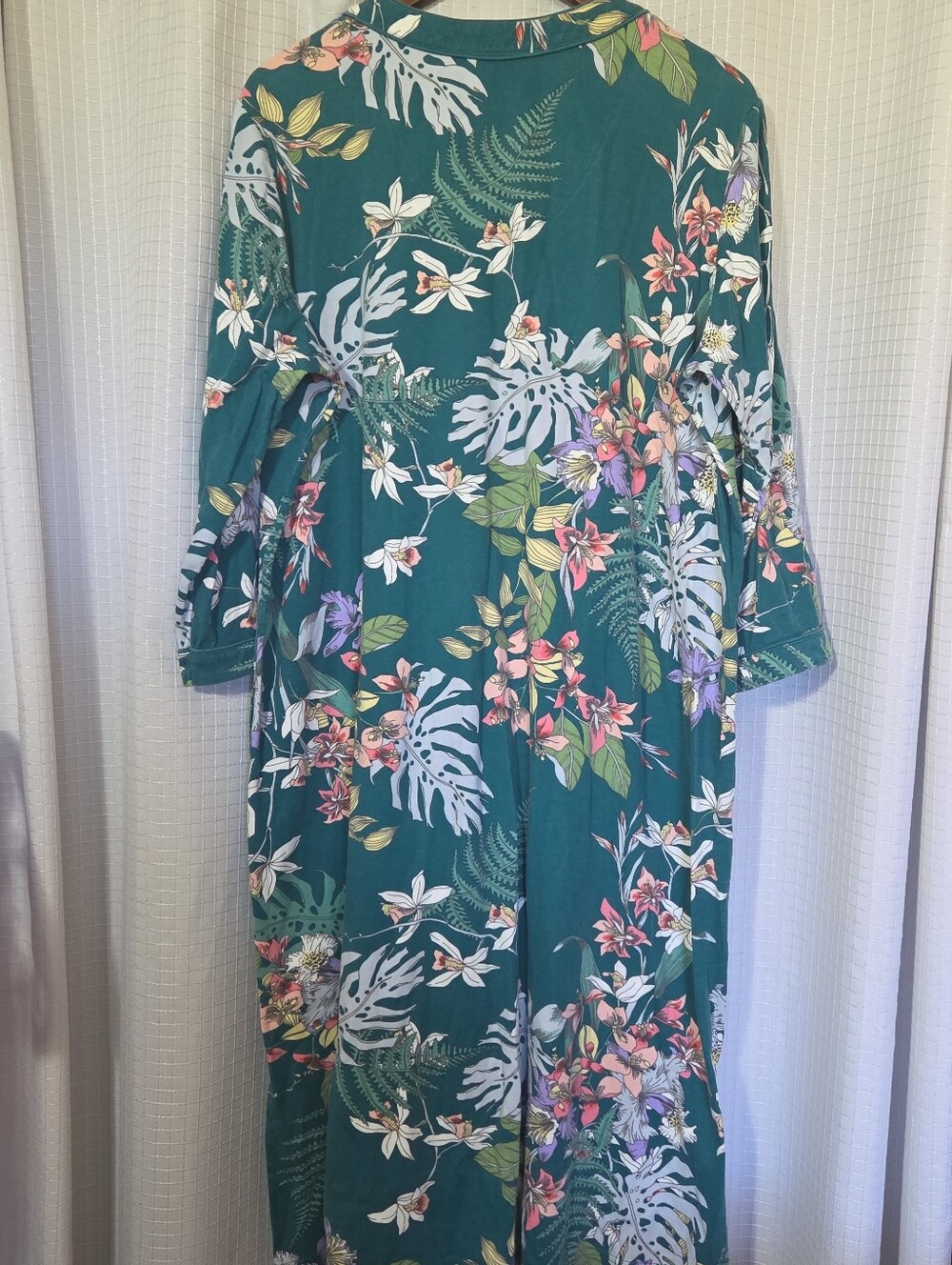 Miss Elaine Relax Size XL Robe Front Zip Green Floral Side Seam Slit Long Sleeve - Picture 4 of 8